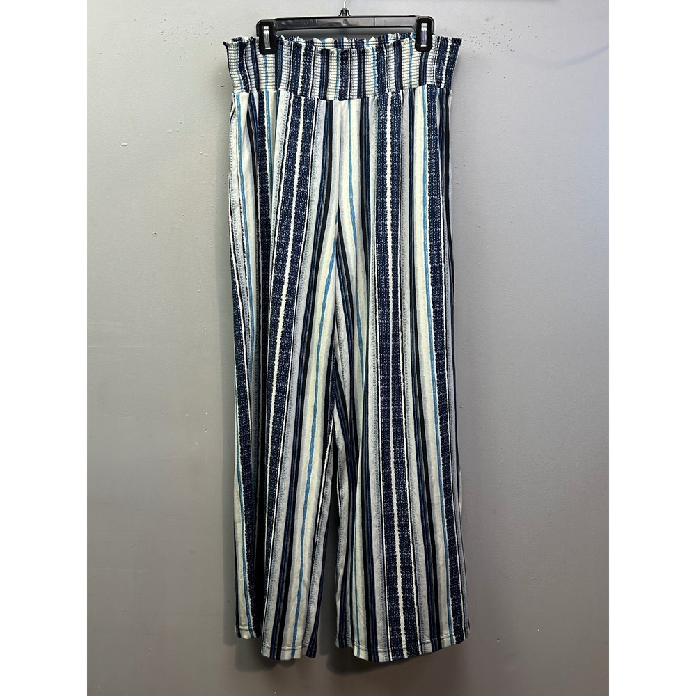 Zac‎ & Rachel Pants Womens L Blue Stripe Wide Leg Smocked High Rise Palazzo Boho